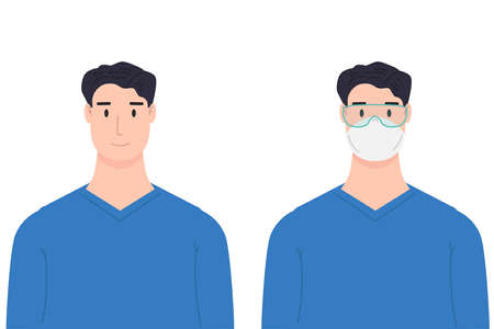 Illustration of medical worker with antivirus protection, medical masks and protective glasses. Design element for poster, label, sign, emblem, infographic. Vector illustrationのイラスト素材