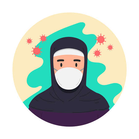 Illustration of arabian woman with antivirus medical masks. Coronavirus danger. Design element for poster, label, sign, emblem, infographic. Vector illustrationのイラスト素材