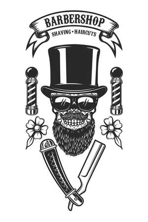 Barbershop poster template. Bearded mexican sugar skull and barber blades. Design element for poster, card, banner, t shirt, logo, emblem. Vector illustrationのイラスト素材