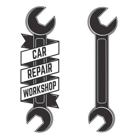Car repair workshop. Emblem template with car wrench in engraving style. Design element for logo, label, emblem, sign, badge. Vector illustrationのイラスト素材