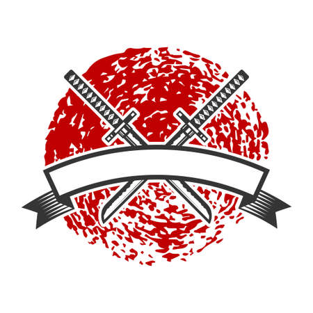 Emblem with crossed katana swords. Design element for logo, label, sign, poster, t shirt. Vector illustrationのイラスト素材