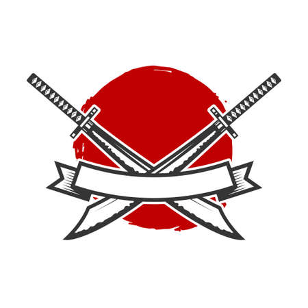 Emblem with crossed katana swords. Design element for logo, label, sign, poster, t shirt. Vector illustrationのイラスト素材