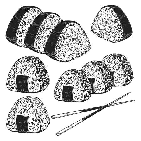 Set of illustrations of onigiri in engraving style. Design element for poster, card, banner, flyer, menu, emblem. Vector illustrationのイラスト素材