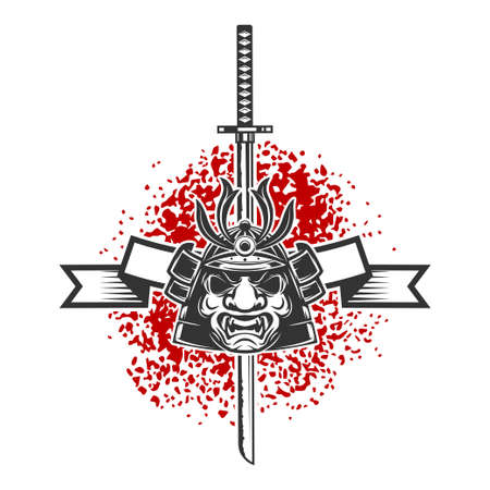 Emblem with samurai helmet and crossed katana swords. Design element for logo, label, sign, poster, t shirt. Vector illustrationのイラスト素材