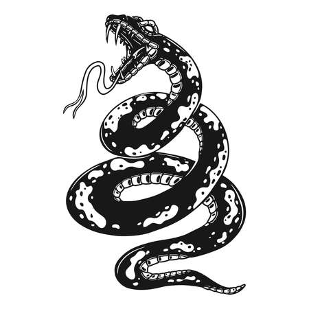 Illustration of poisonous snake in engraving style. Design element for logo, label, emblem, sign, badge. Vector illustrationのイラスト素材