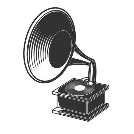 Illustration of retro gramophone in engraving style. Design element for  emblem, sign, poster, card, banner. Vector illustrationのイラスト素材