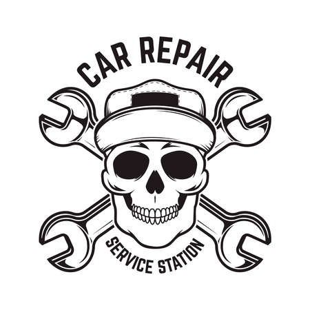 Car repair. Service station. Emblem template with skull and crossed wrenches.のイラスト素材