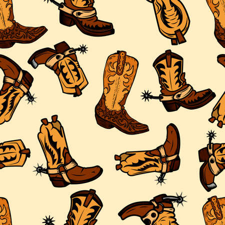 Seamless pattern with cowboy boots. Design element for poster, card, banner, clothes decoration. Vector illustrationのイラスト素材