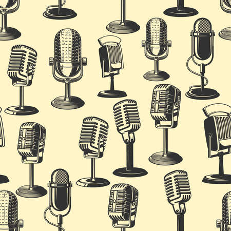 Seamless pattern with retro microphones in monochrome style. Design element for poster, card, banner. Vector illustrationのイラスト素材