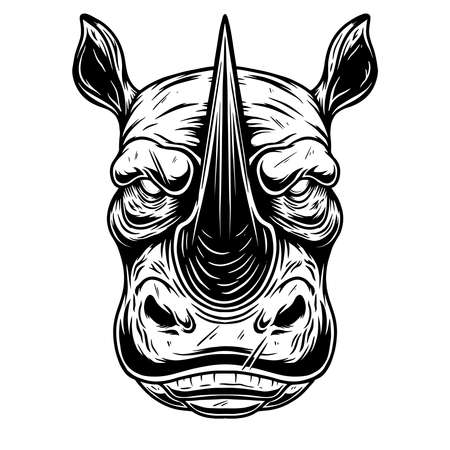 Illustration of head of wild angry rhino in vintage monochrome style.のイラスト素材