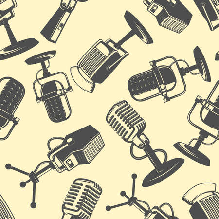 Seamless pattern with retro microphones in monochrome style. Design element for poster, card, banner. Vector illustrationのイラスト素材