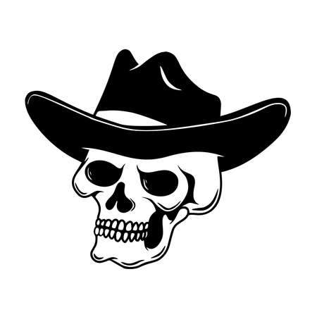 Illustration of skull in cowboy hat. Design element for  emblem, sign, poster, card, banner. Vector illustrationのイラスト素材