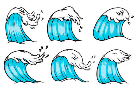 Illustration of sea waves in engraving style. Design element for poster, card, banner, menu. Vector illustrationのイラスト素材