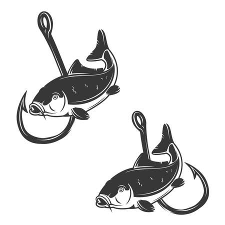 Illustration of carp fish and fishing hook. Design element for poster, card, banner, sign, emblem. Vector illustrationのイラスト素材