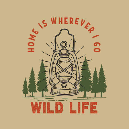 Home is wherever i go. Illustration of retro lantern on forest background. Design element for poster, card, banner, t shirt. Vector illustrationのイラスト素材