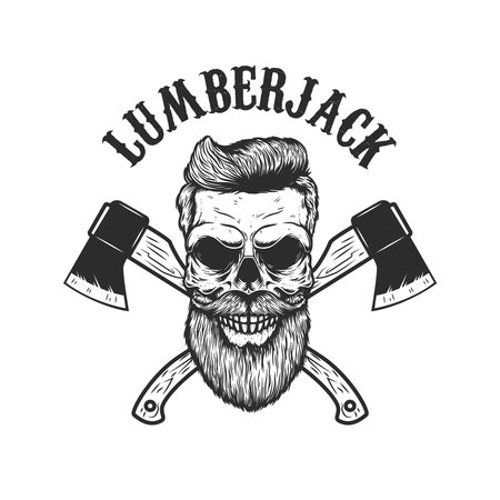 Lumberjack skull with crossed axes. Design element for poster, card, banner, sign, emblem. Vector illustrationのイラスト素材