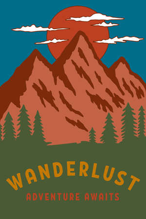camping flyers with mountains. Design element for poster, card, banner, sign. Vector illustrationのイラスト素材