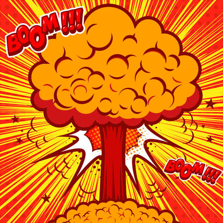 Illustration of nuclear burst in comic style. Design element for poster, card, banner, menu. Vector illustrationのイラスト素材