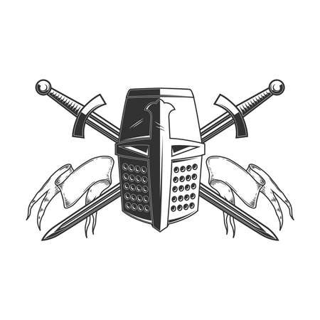 Knight helmet with crossed swords. Design element for poster, card, banner, sign. Vector illustrationのイラスト素材