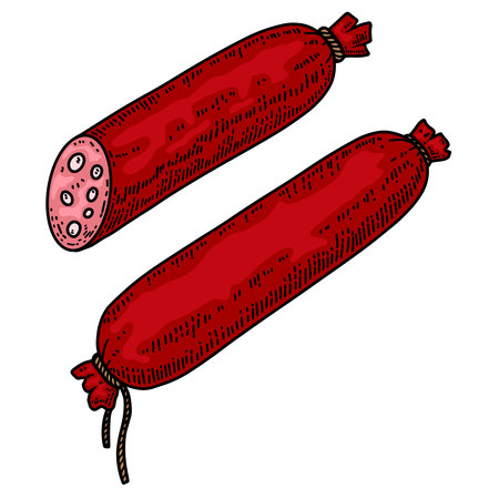 Illustration of sausage in engraving style. Design element for poster, card, banner, sign. Vector illustrationのイラスト素材