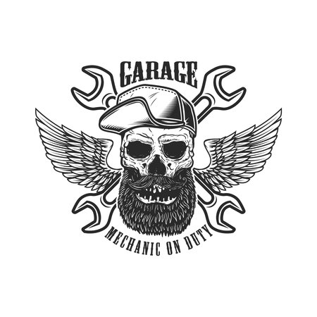 Mechanic on duty. Bearded skull in baseball cap with wings and crossed wrenches.のイラスト素材