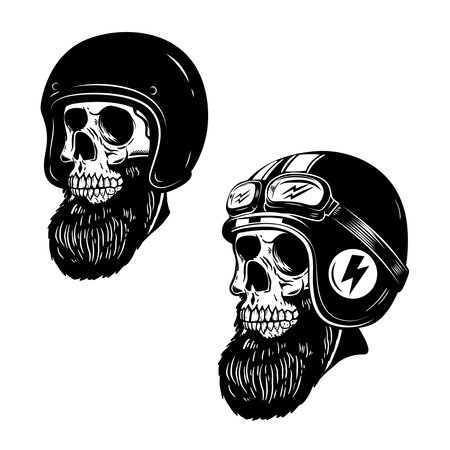 Illustration of bearded skull in racer helmet. Design element for  label, sign, poster. Vector illustrationのイラスト素材