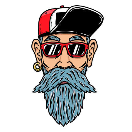 Illustration of a head of funny old biker. Design element for poster, card, banner, sign, emblem. Vector illustrationのイラスト素材