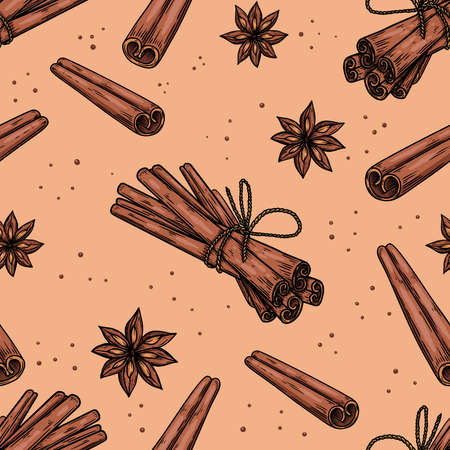 Seamless pattern with cinnamon. Design element for poster, card, banner, clothes decoration. Vector illustrationのイラスト素材