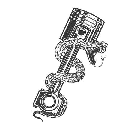 Illustration of snake on car piston. Design element for poster, card, banner, sign. Vector illustrationのイラスト素材