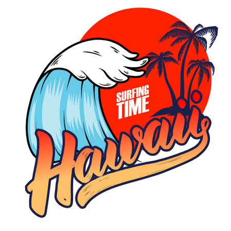 Hawaii. Emblem template with sea waves and palms. Design element for poster, card, banner, sign, emblem. Vector illustrationのイラスト素材