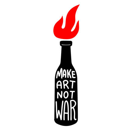 Illustration of bottle with Molotov cocktail. Make art not war. Design element for  label, sign, emblem, poster. Vector illustrationのイラスト素材