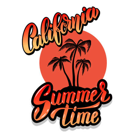 California summer time. Emblem template with waves and palms. Design element for poster, card,...