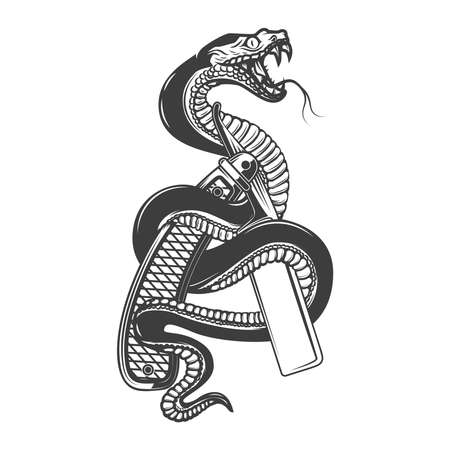 Illustration of snake on barber razor. Design element for poster, card, banner, sign. Vector illustrationのイラスト素材