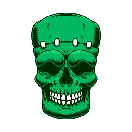 Illustration of the skull of frankenstein monster in engraving style. Design element for poster, card, banner, sign. Vector illustrationのイラスト素材