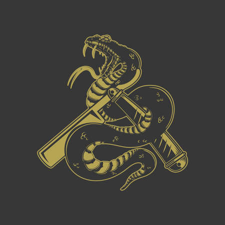 Illustration of snake on barber razor. Design element for poster, card, banner, sign. Vector...