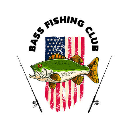 Bass fishing club. Bass fish on american flag background. Design element for t shirt, poster, card, banner. Vector illustrationのイラスト素材