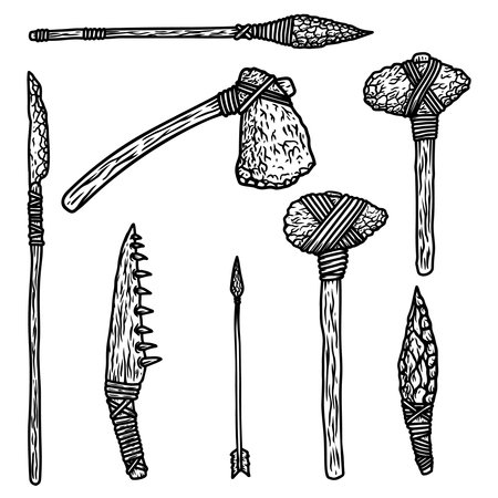 Caveman weapon set. Stone ax, spear, bone knife. Design element for poster, card, banner, sign. Vector illustrationのイラスト素材