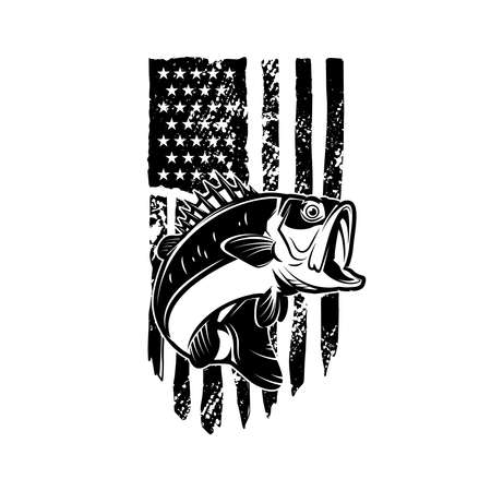 Bass fish on american flag background. Design element for logo, label, sign, emblem, poster. Vector illustrationのイラスト素材