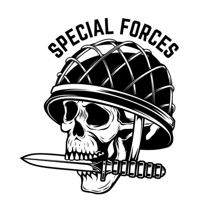Illustration of skull in military helmet with knife in teeth in monochrome style. Design element for logo, label, sign, poster. Vector illustrationのイラスト素材