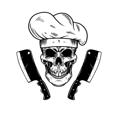 Illustration of chef skull and meat cleavers. Design element for logo, label, sign, emblem. Vector illustrationのイラスト素材