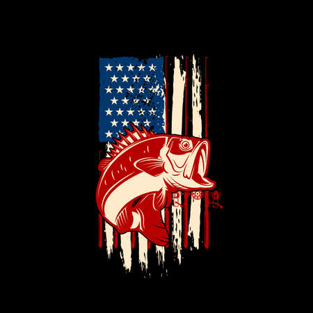 American flag with bass fish illustration. Bass fishing concept. Design element for poster, card, banner, t shirt. Vector illustrationのイラスト素材