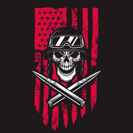 Illustration of soldier skull on american flag background. Design element for poster, card, banner, t shirt. Vector illustrationのイラスト素材