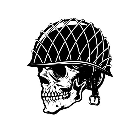 Illustration of soldier skull in military helmet. Design element for logo, label, sign, emblem. Vector illustrationのイラスト素材
