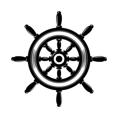 Illustration of ship steering wheel in monochrome style. Design element for logo, label, sign, emblem, poster. Vector illustrationのイラスト素材