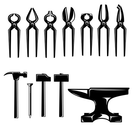 Illustration of blacksmith pliers, hammers, anvils. Design element for logo, label, sign, emblem, poster. Vector illustrationのイラスト素材