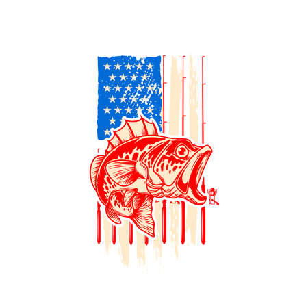 Bass fishing club. Bass fish on american flag background. Design element for t shirt, poster, card, banner. Vector illustrationのイラスト素材