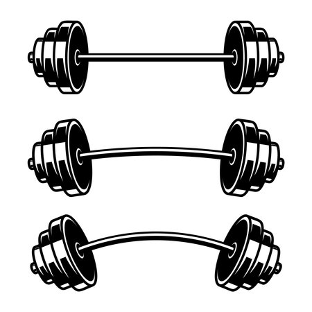 Set of Illustrations of Weightlifting barbell. Design element for logo, label, sign, emblem, poster. Vector illustrationのイラスト素材