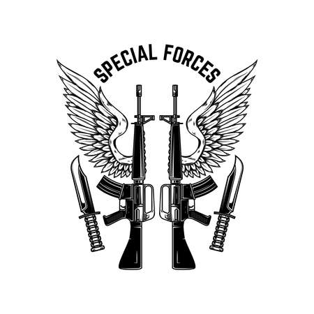 Special forces. m16 assault rifles with wings. Design element for logo, label, sign, emblem. Vector illustrationのイラスト素材