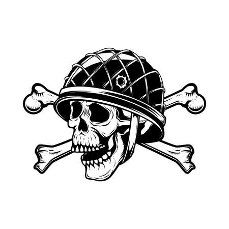 Illustration of soldier skull in military helmet with crossed bones. Design element for logo, label, sign, emblem. Vector illustrationのイラスト素材
