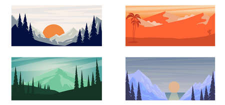 Set of cartoon mountain landscape in flat style. Mountain landscape with fir trees. Design element for poster, card, banner, flyer. Vector illustrationのイラスト素材
